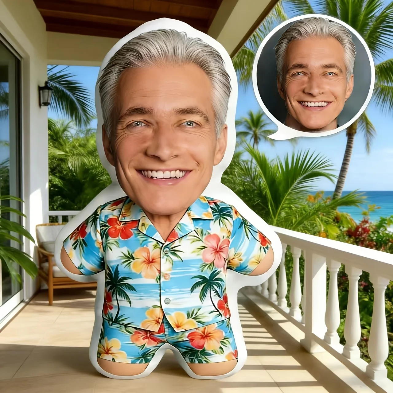 Custom Photo Face Pillow Hawaiian Vacation Man Plush Cushion Unique Gift For Dad Father Birthday Holiday Anniversary