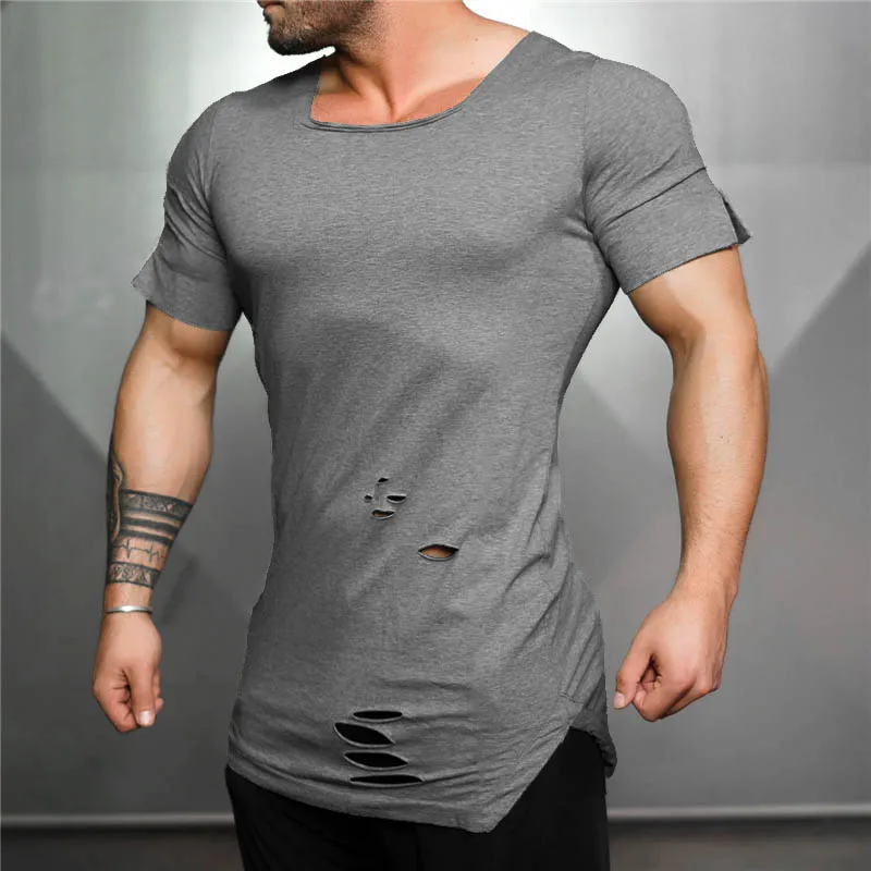 Men Running Sport Hip Hop Hole T-Shirt Cotton Breathable Short Sleeve Square Collar Shirt Gym Bodybuilding Fitness Slim Fit Tops