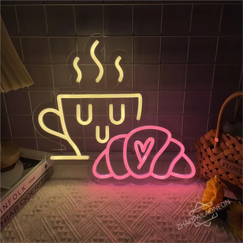 Coffee Bread Neon Sign Croissant Neon Light Restaurant Breakfast Shop Kitchen Home Decoration Gift Party Wall Hanging led Lights - view 4