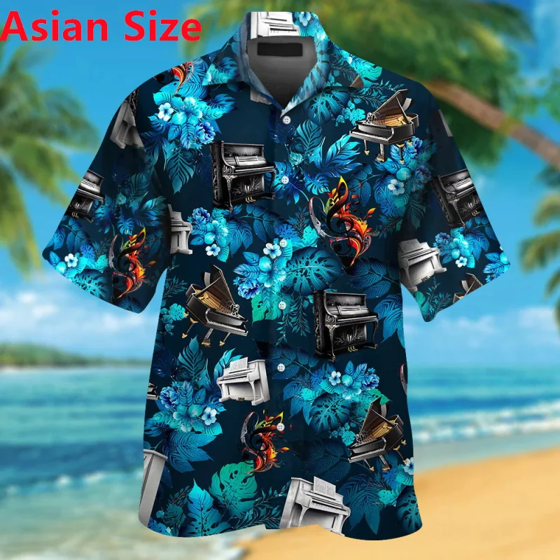 All Over Print Piano Graphic Colorful Hawaiian Shirt For Men Summer Short Sleeve Button Up Beach Shirts Clothes Mens Aloha Shirt