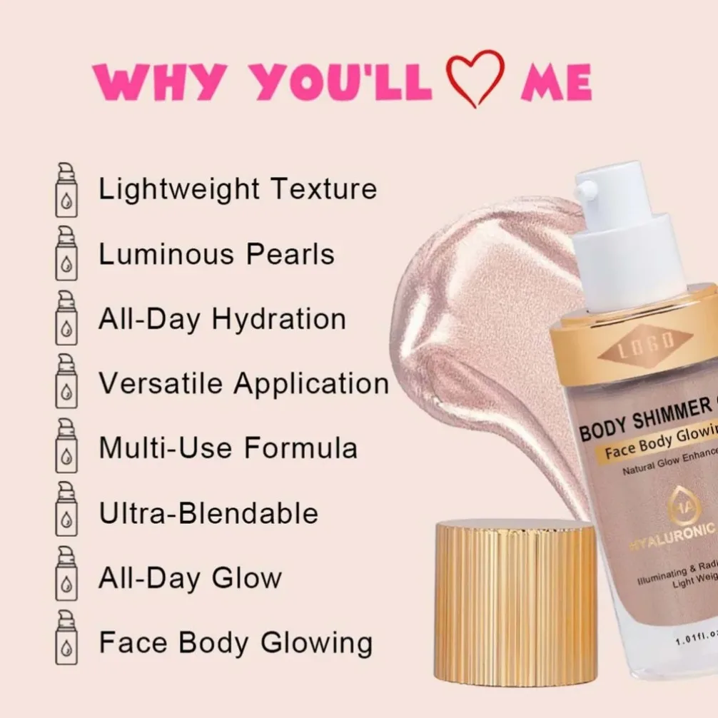Private Label Custom Logo Shimmery Body Highlighter Oil Liquid Glow Vegan Makeup Wholesale Long-lasting Shine Highlighter Makeup