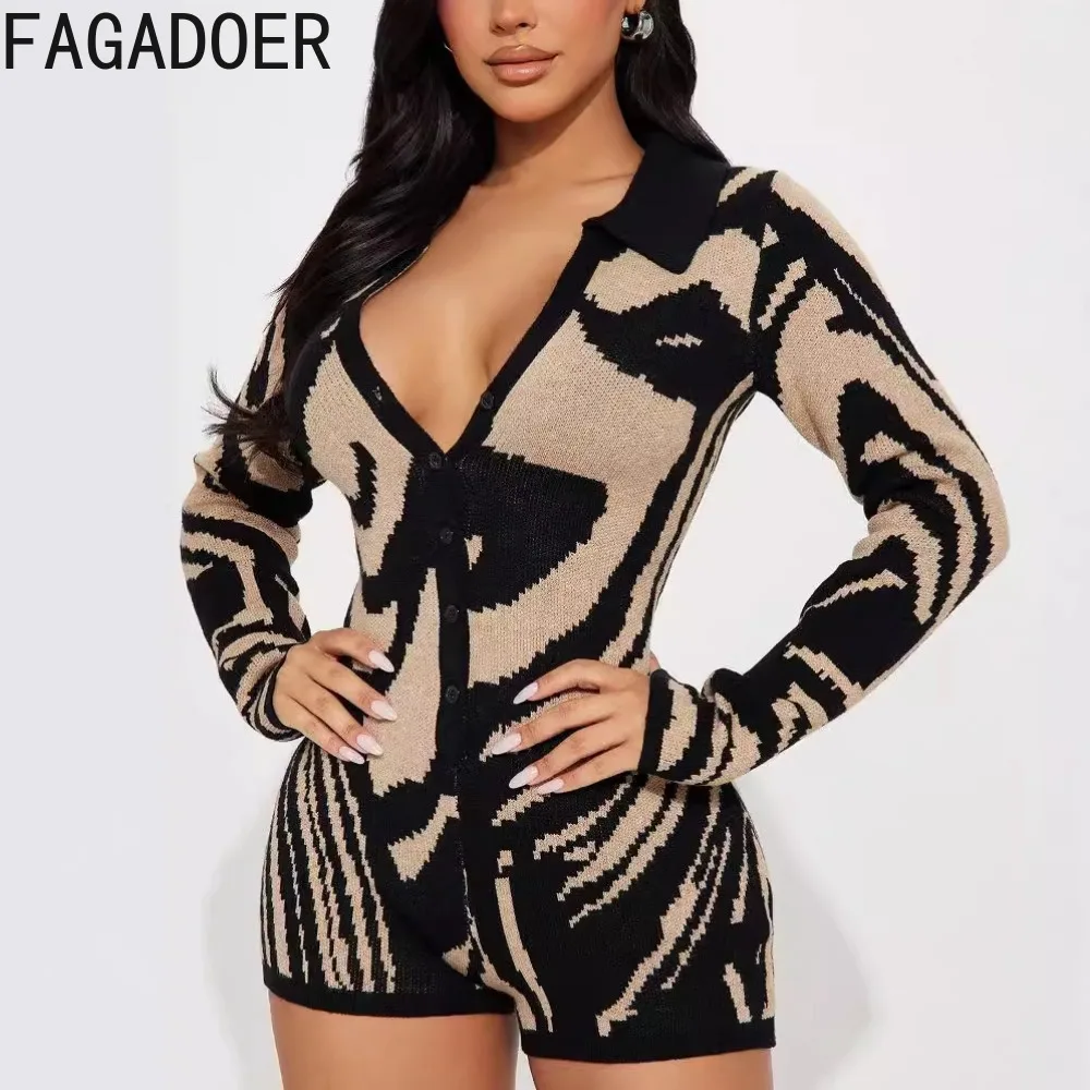 FAGADOER Print Sexy Quality Knit Bodycon Romper Women Color Blocks Deep V Long Sleeve One Piece Overall Hot Girl Streetwear New