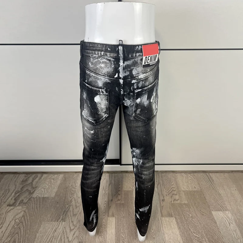 Jeans da uomo di moda High Street retrò nero grigio Stretch Skinny Fit Jeans strappati da uomo pantaloni di marca Hip Hop firmati dipinti Hombre