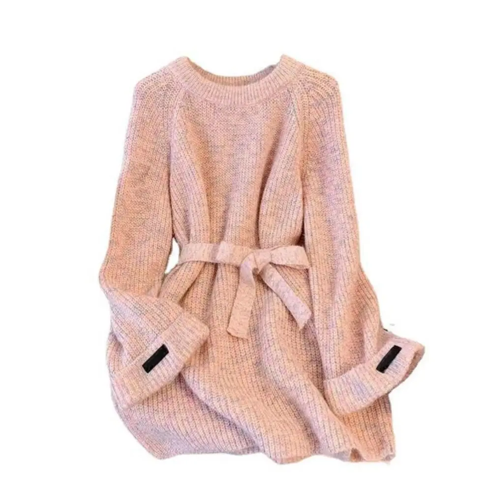 New Knitted Texture Sweater Dress Crew Neck Loose Fit Knitted Dress Ribbed Trim Warm Round Neck Dress Women Fashion