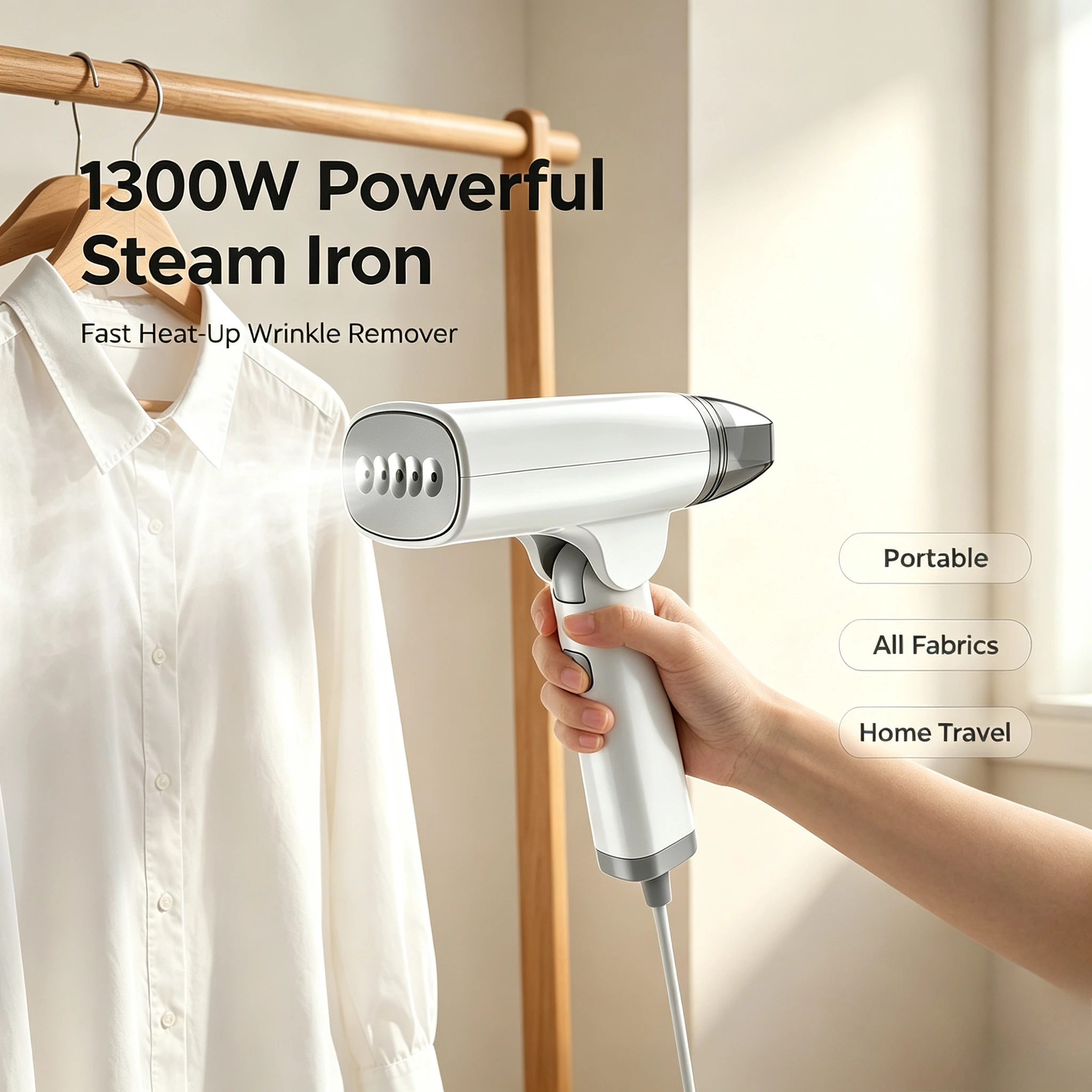 Portable Handheld Steam Iron 1300W High Power Garment Steamer Quick Wrinkle Removal for Travel Household Clothes Fabrics