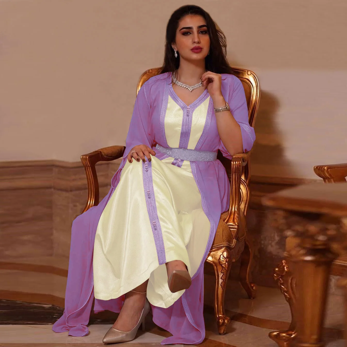 

2 Piece Sets Women Morrocan Kaftan Ramadan Muslim Abaya Luxury Arabic Clothing V-neck Long-sleeved Jalabiya Dress Kaftans Party