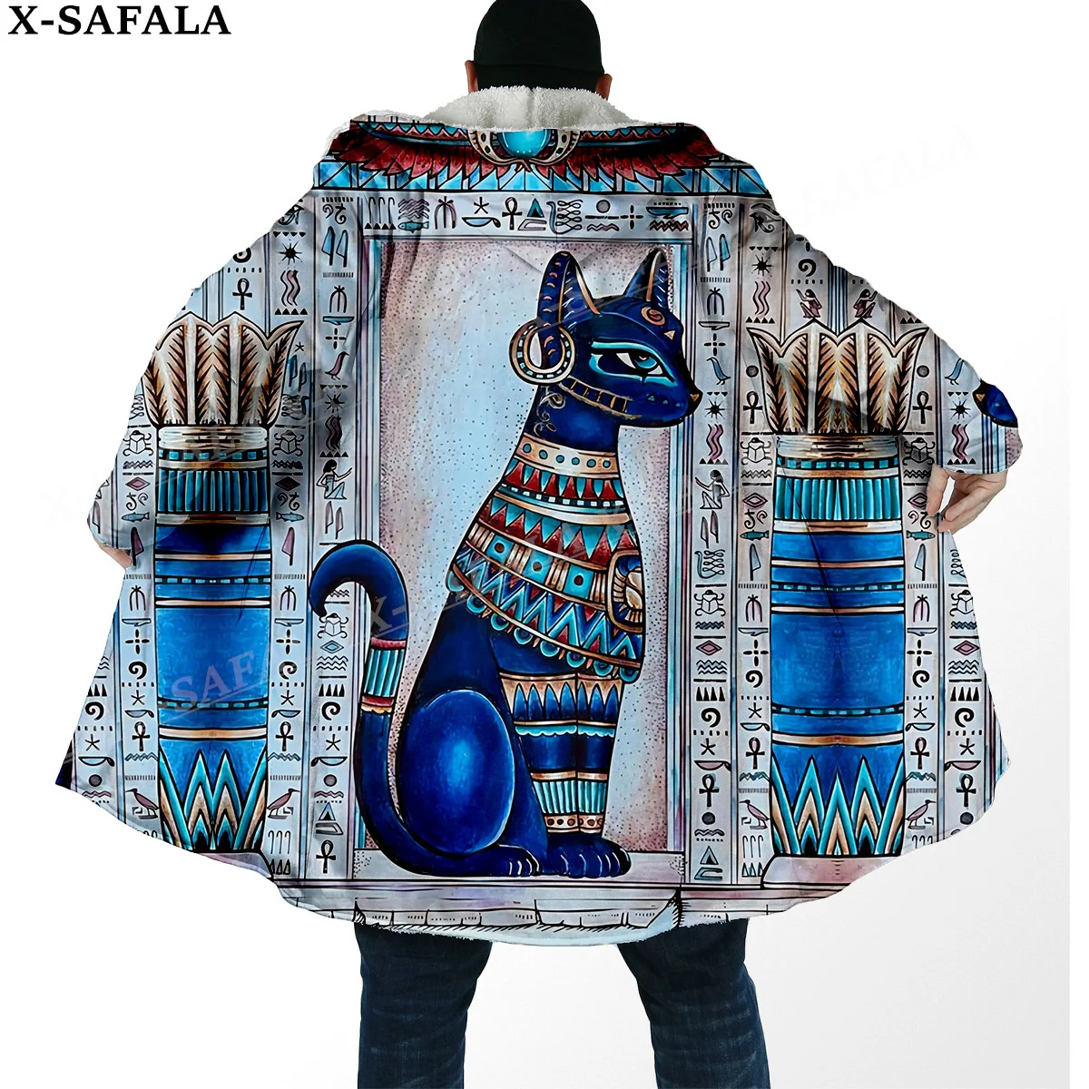 Pharaoh Ancient Egyptian Cat Print Thick Warm Hooded Cloak Men Overcoat Coat Windproof Fleece Cape Robe Hooded Blanket-3