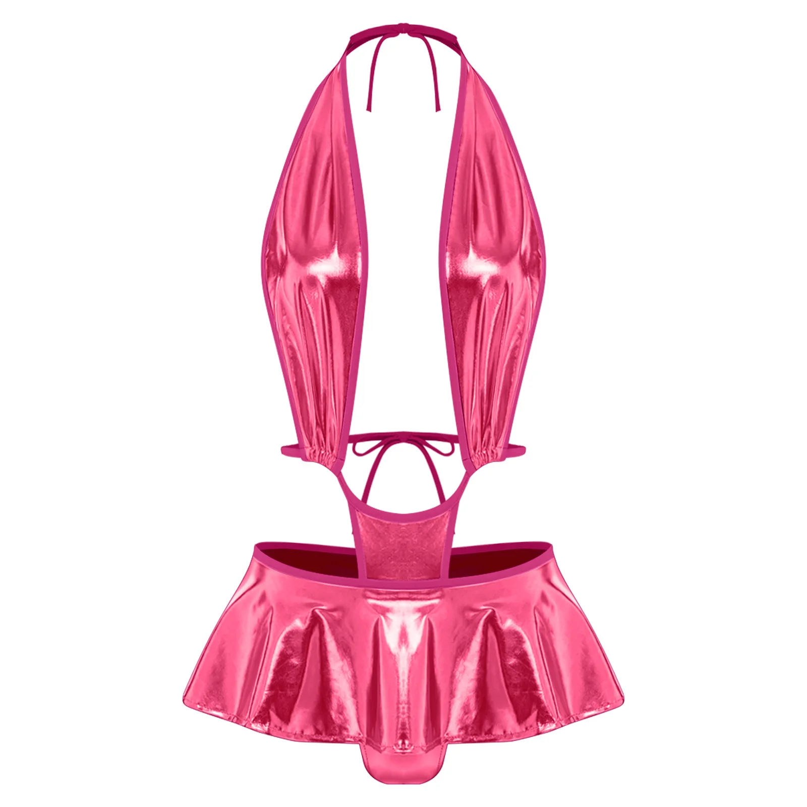 Damen Metallic Glänzender Badeanzug Einteiliger Strand-Badeanzug Neckholder Tiefer V-Ausschnitt Rückenfreier Mini-Slip mit Rüschensaum Badeanzug – Detail 3