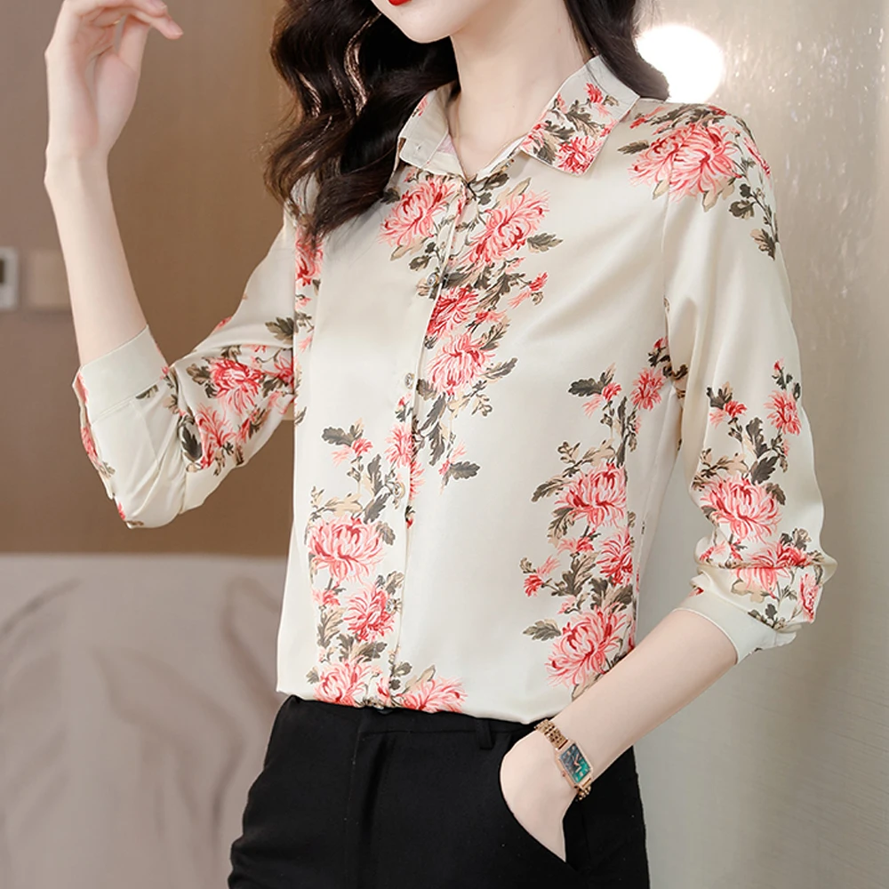 Women\'s Printed Satin Shirts Fashion Long Sleeve Women Blouse 2024 Office Lady Basic Tops Female Casual Clothing