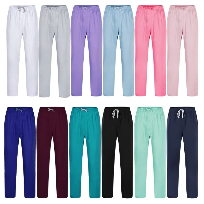 

Straight Pants Elastic Waist Unisex Polyester Cotton Solid Color White Professional Medical Operating Room Trousers
