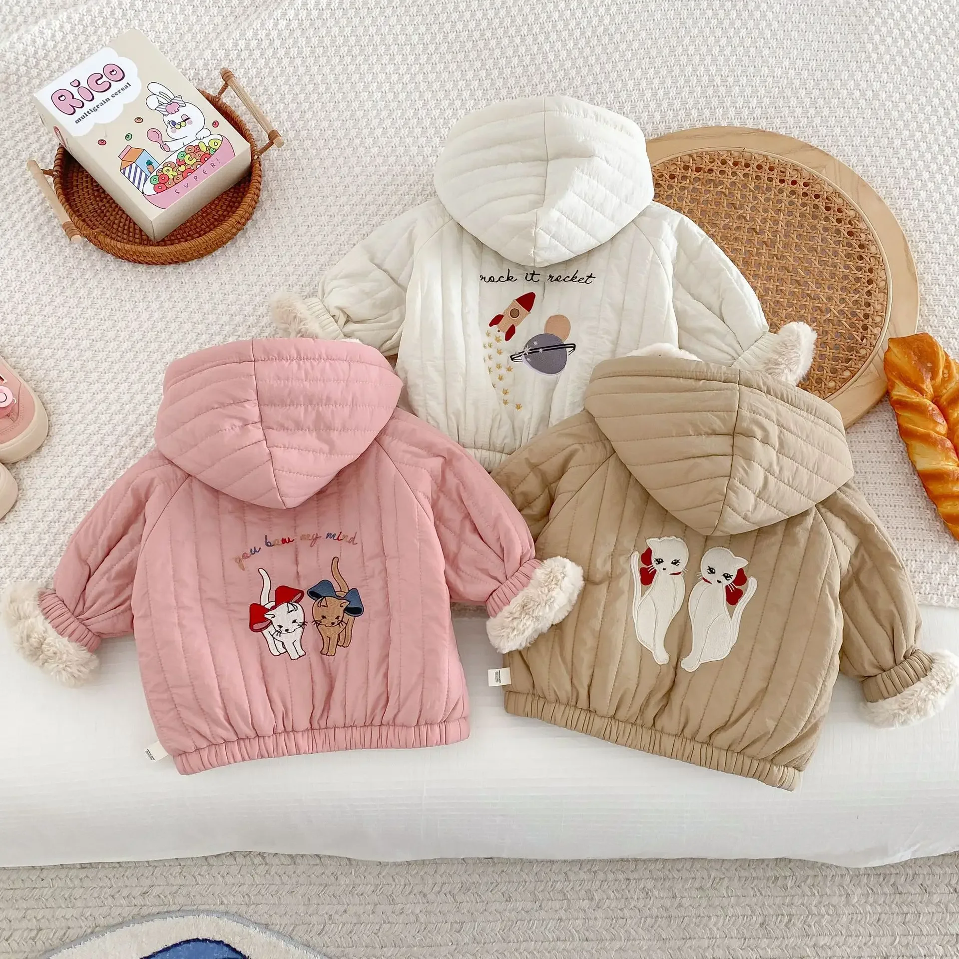 2024 Winter New in Kids Baby Girls Boys Thicken Plush Warm Top Outwear, Children Hooded Cartoon Zipper Jacket 0-5Y