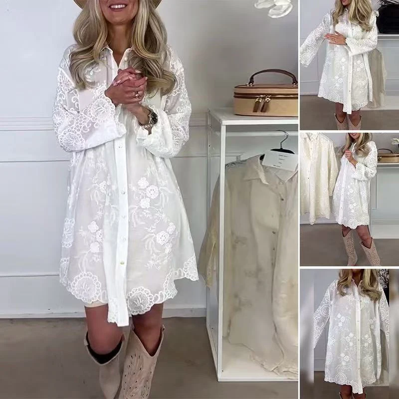 Robe chemise à revers simple boutonnage, couleur Pure, manches longues, mi-longue, élégante, dentelle, Jacquard, ample, pour les déplacements