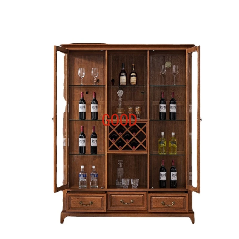 American Solid Wood Sideboard Simple Wall Kitchen Cabinet Double Door Wine Cooler Storage Rack