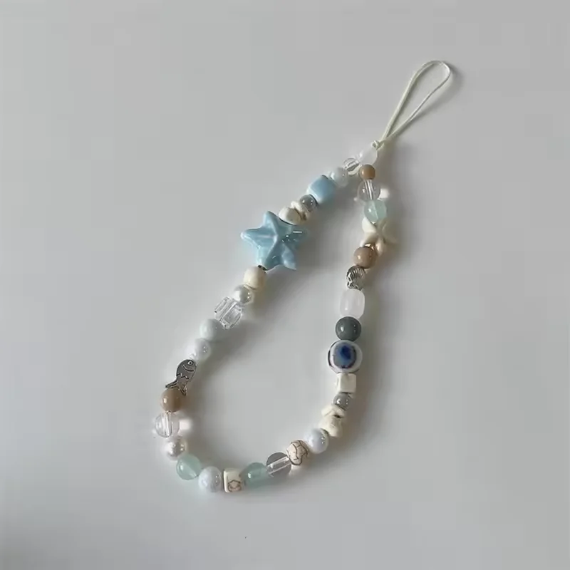 Korean Cartoon Cute 3D Blue Starfish Beaded Phone Chain Charm Lanyard For iPhone Samsung Universal Accessories Jewelry Pendant