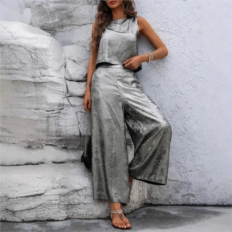 

Women's Two-piece Sleeveless Top Round Neck Short-sleeved Trousers 2026 Spring Summer New Loose Casual Solid Color Fashion Suit