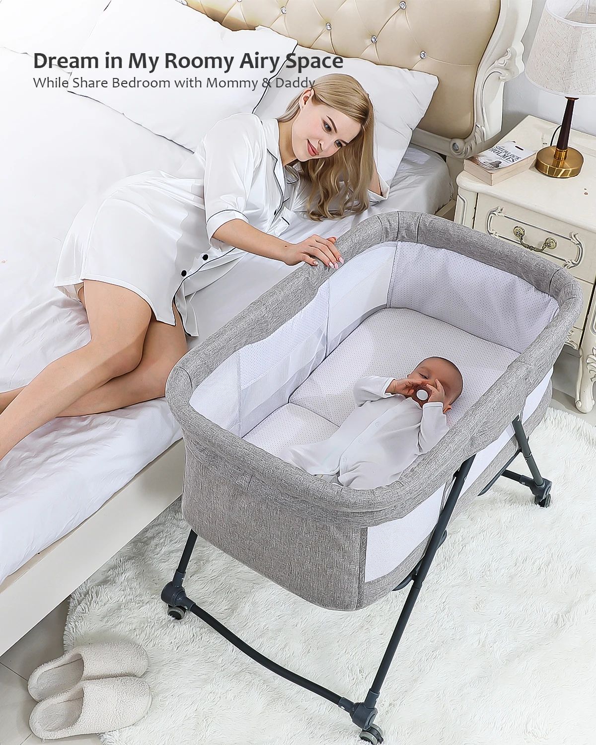 UBRAVOO Baby Grab-and-go Travel Cot  with Mattress & Silent Wheels,  Rocking Crib Convertible, XYT-001