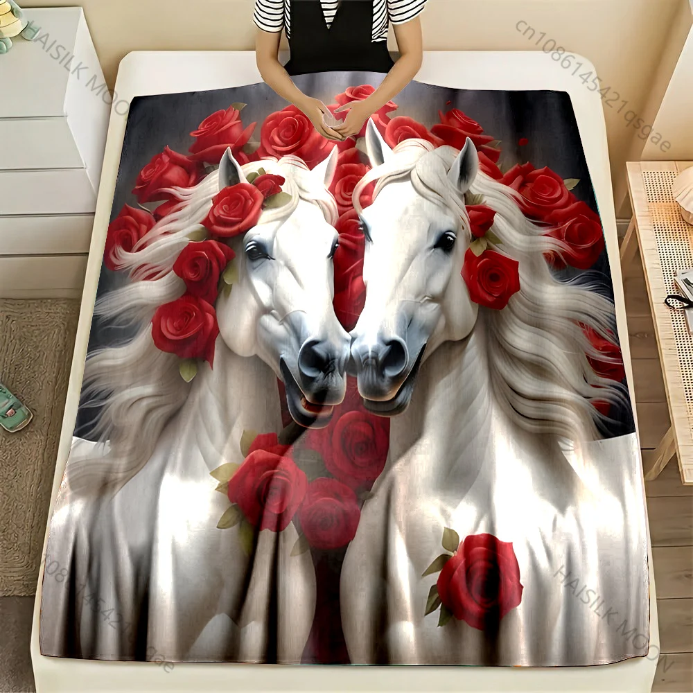 Two White Horses Surrounded By Roses Print Blanket Flannel Material Soft Warm for All Seasons Home Outdoor Camping Picnics
