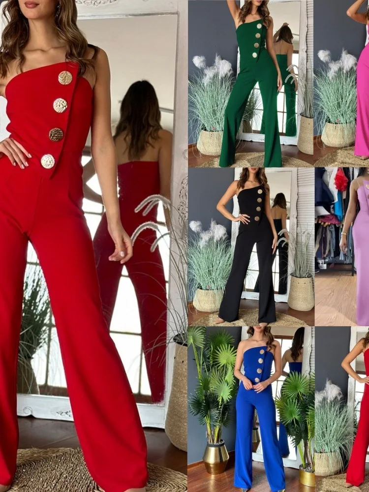 

Sexy Strapl Button Jumpsuit Women's High Waist Long Pants Street Sle Polyester Fabric Straight Cut Summer Faion