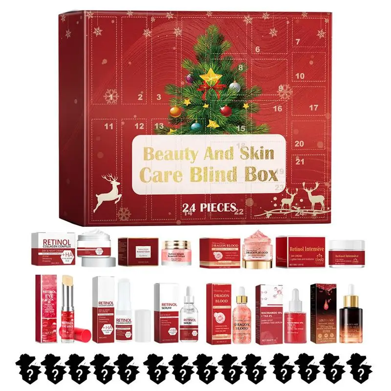 Calendario de Adviento para niñas, juego de maquillaje de 24 piezas, productos de cuidado de la piel, calendario de cuenta regresiva de Navidad, crema facial de retinol, suero, bálsamo labial