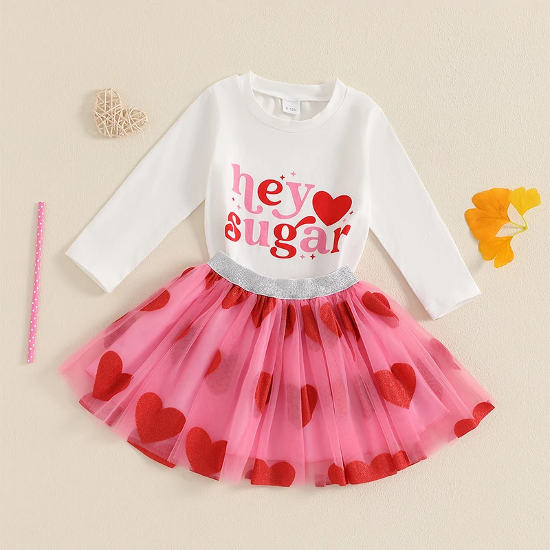 Completo da bambina per San Valentino, camicia a maniche lunghe con stampa a cuore e gonna in tulle, set di vestiti carini per bambini