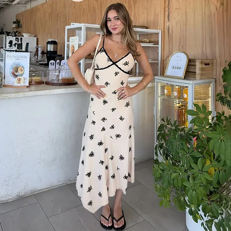 

Lace Print Vacation Long Dress For Women V Neck Sexy Spaghetti Strap Dress Elegant Slim Summer Fashion Female Dresses