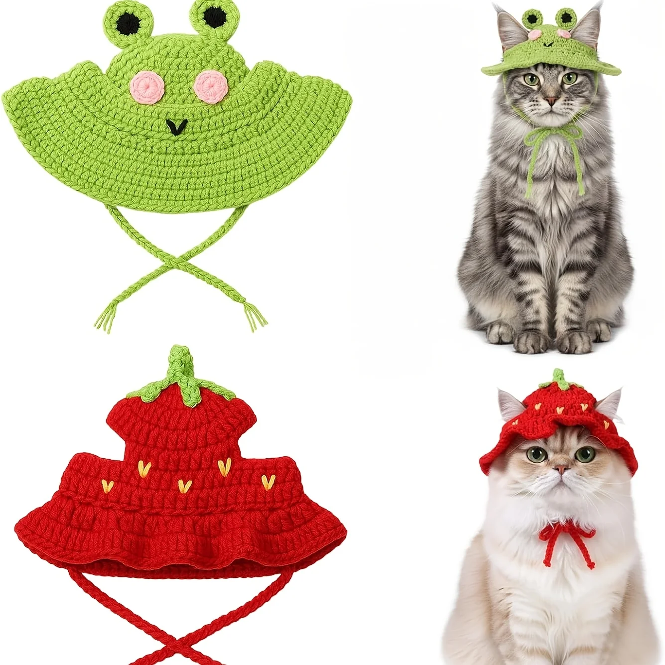 Katzenmützen nur für Katzen: Süße gestrickte Katzenmütze, Erdbeer-Mütze mit verstellbarem Kordelzug, handgemachte Häkel-Katzenkleidung, weiche, niedliche Strickmütze – Detail 2