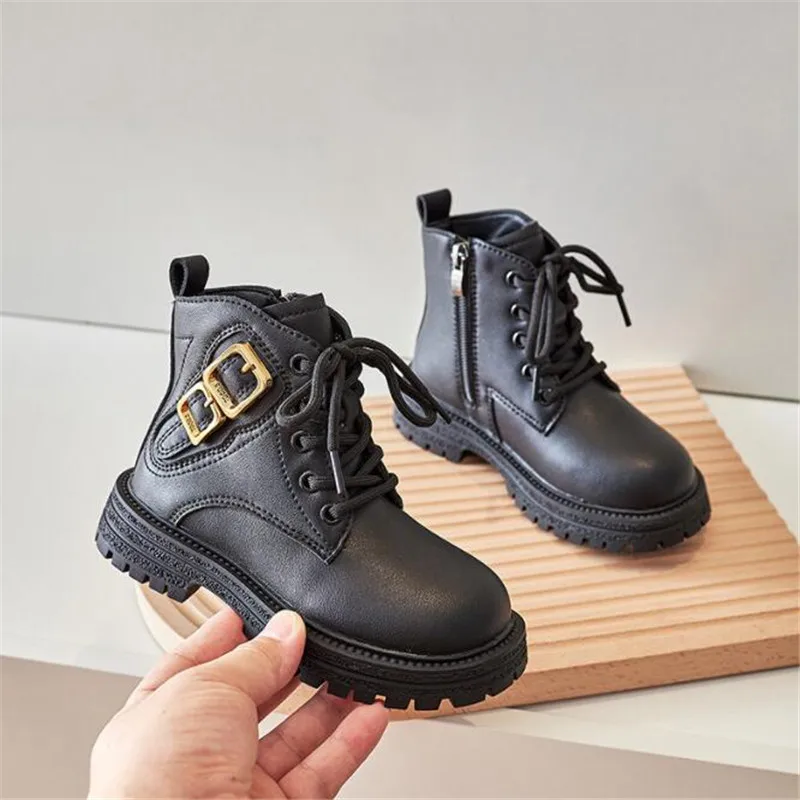 Autumn Winter Fashion School Girls Leather Short Boots Metal Exquisite Decoration Kid Lace Up Zip Shoes Boy Plush Pu Ankle Boots