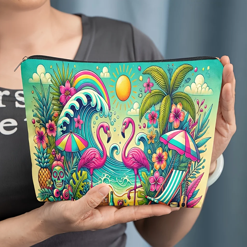 Cosmetic bag 1 piece, Flamingo beach tropical style, fun design pattern, machine washable and dry cleaning, suitable for women's beauty products storage bag, suitable for travel, school, dormitory or home, bridesmaid gift bag