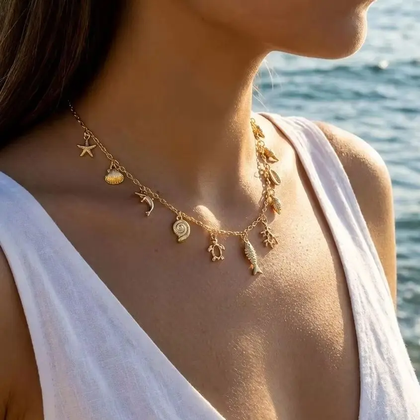 Boho Multiple Pendants Tassel Necklace for Women Ocean Series Coral Starfish Turtle Shell Necklace Beach Jewelry Vacation Gift