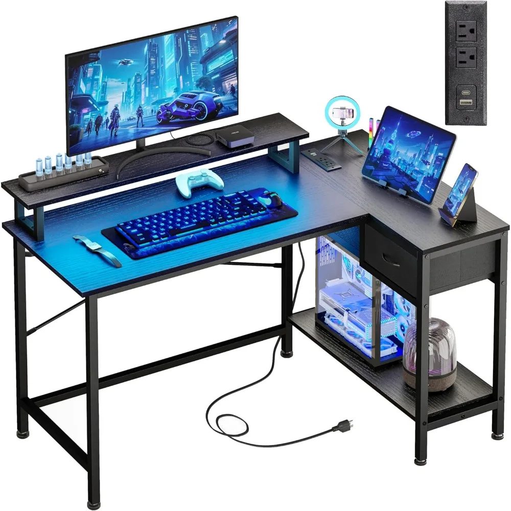 

Gaming Desk for Bedroom L Shaped Small Corner Computer Desk with Power Outlets and LED Lights, PC Desk, Home Office Desks with