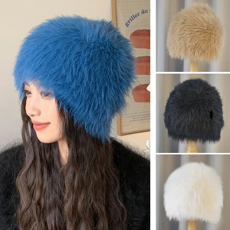 

Faux Fur Beanies for Women Autumn Winter Hats Female Long Fur Plush Warm Y2K Solid Color Cute Skullies Beanies Bonnets