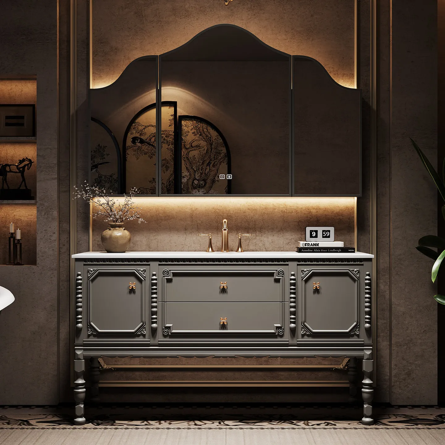 French retro oak floor-to-ceiling bathroom cabinet combination bathroom rock slab hot bending integrated washstand