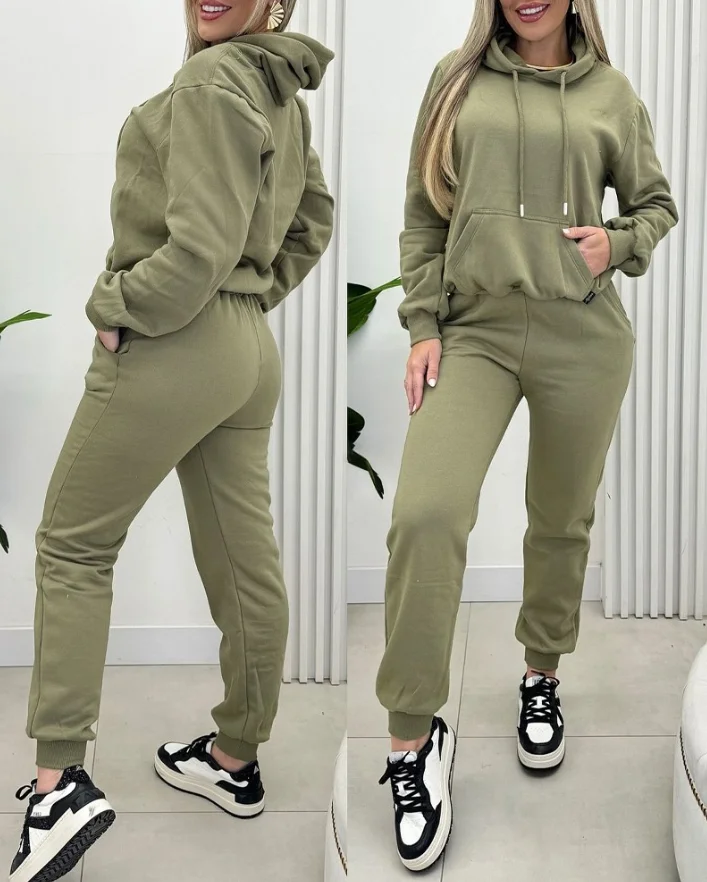 

Autumn and Winter Women's Casual Pants Set Fashion Commuting Pocket Design Hooded Sweatshirt Cuffed Sweatpants Set