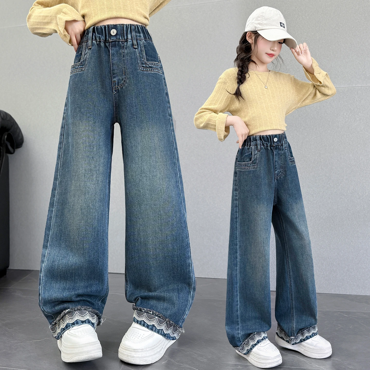 

Girls' jeans spring and autumn new children's foreign wide-leg pants fashionable lace casual straight-leg pants tide