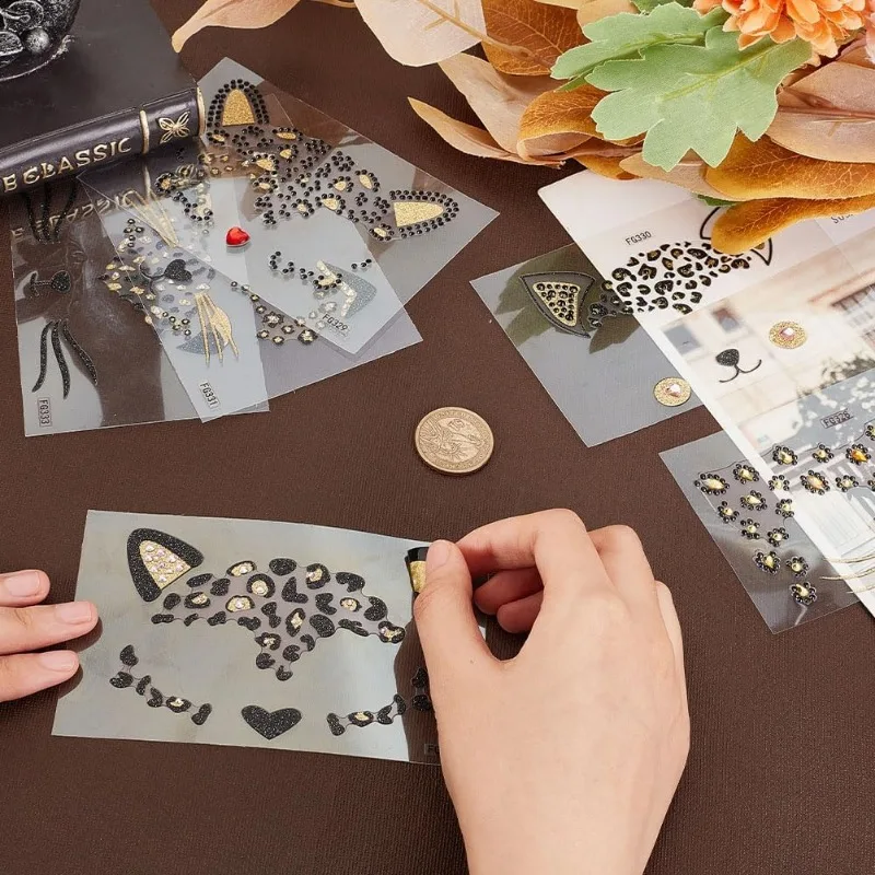 6 Sheets Crystal Cat Face Jewels 3.1x5.1 Inch Acrylic Rhinestone Stickers Temporary Leopard Tattoo Stickers Leopard Face