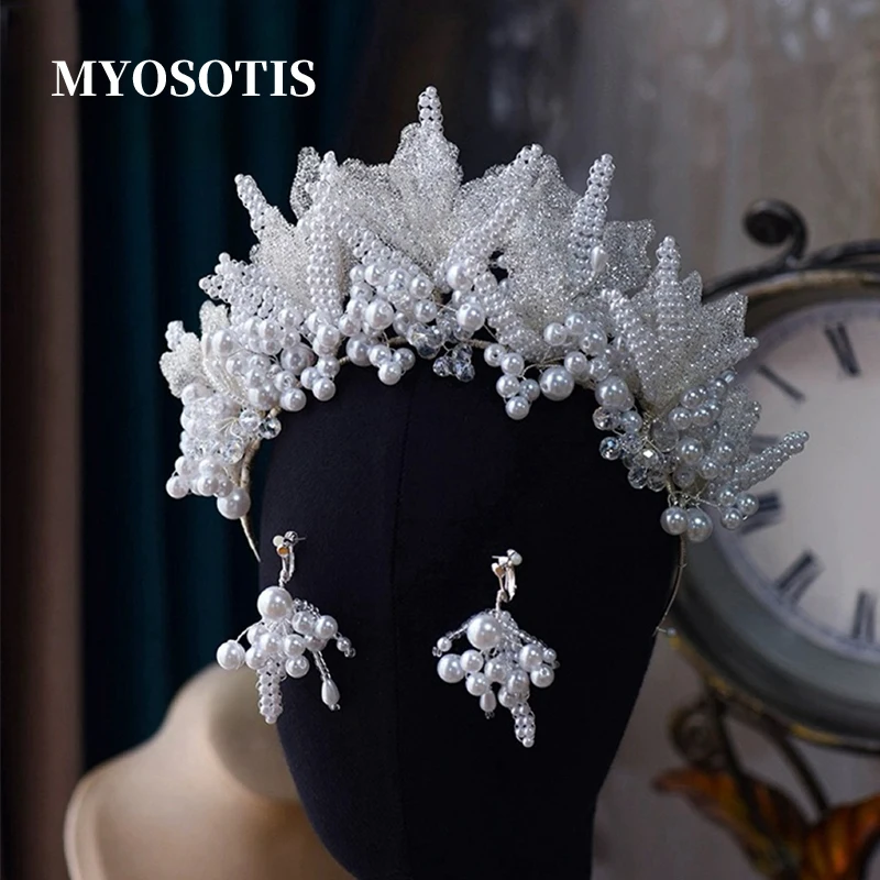 Bridal Wedding Dress Crown Headdress White Gauze Hair Accessories Pure Handmade Beaded Shiny French Hairband  Set