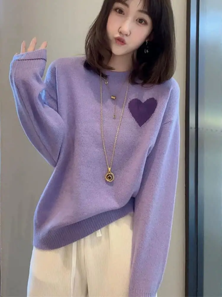 Patrón de amor impreso largo Sve suéter de punto de lana suave suelto Casual Otoño Invierno Anti-envejecimiento Quali Base irt Mujer F...