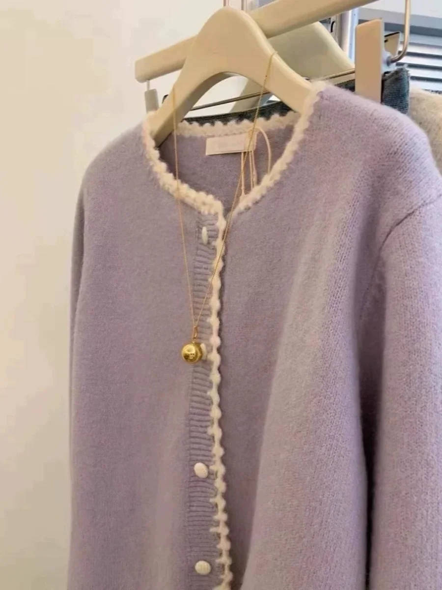 High Quality Soft Knitted Jacket Sweet Elegant Women Long Sleeve Sweater Coat Solid Purple Cardigan Lace Knit Korean Style Tops