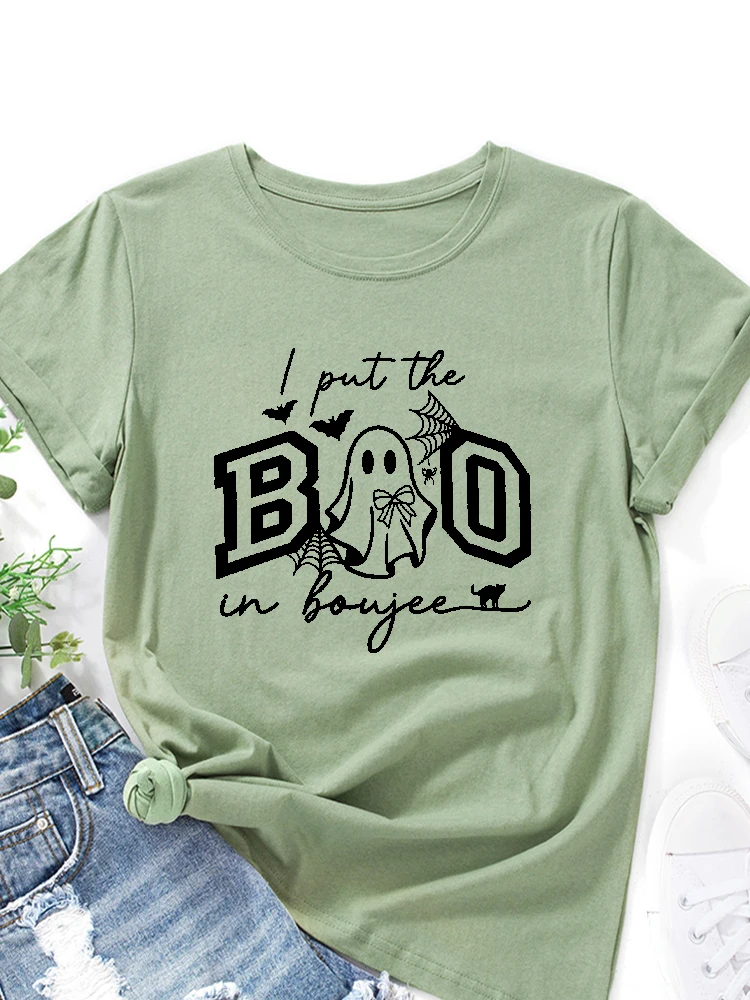 Women's Loose Fit Cotton T-Shirt Short Sleeve round Neck Printed Street Style Summer Thin Shirt for Young Girls Ghost Cartoon