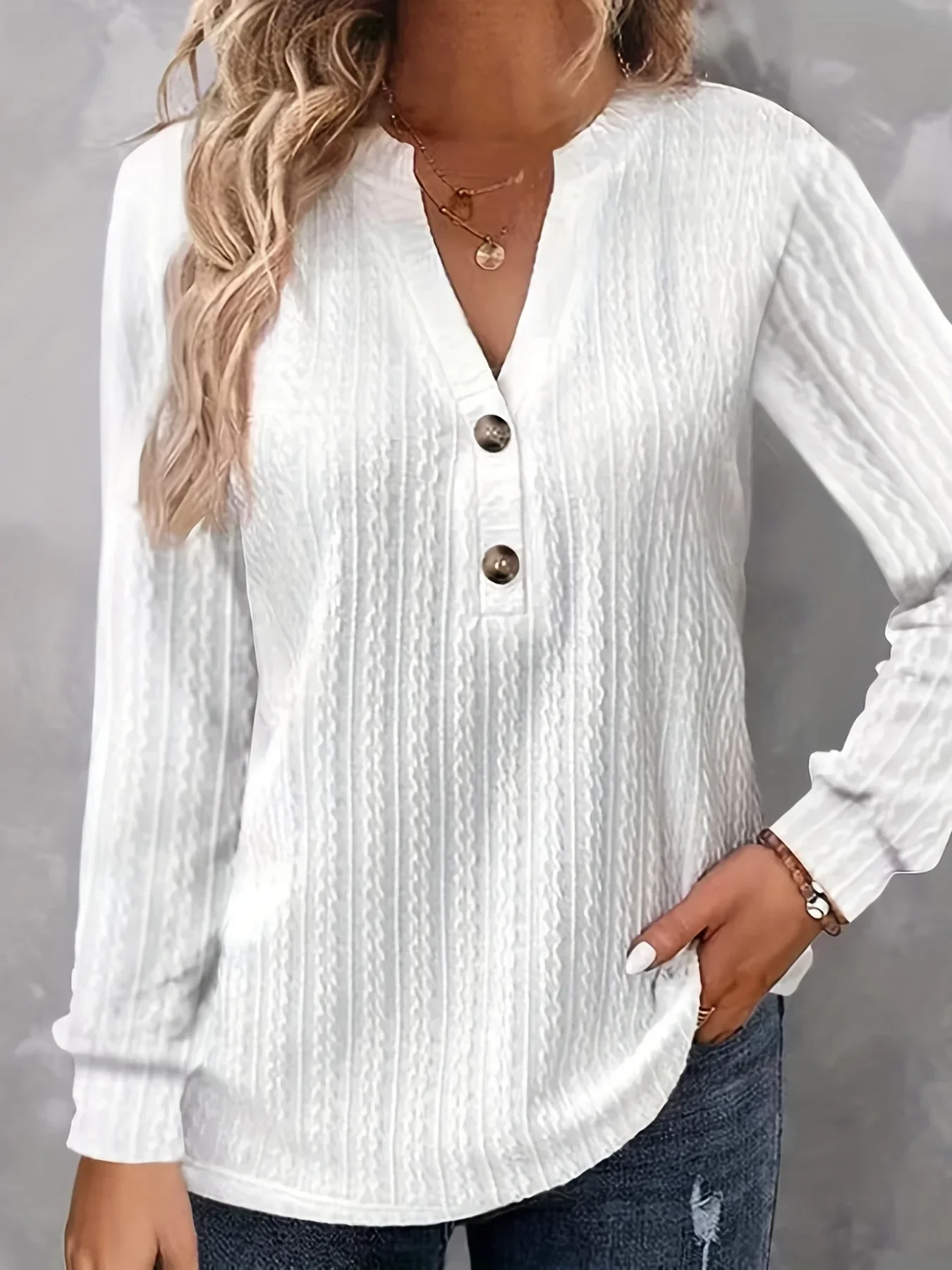 Classic Long Sleeved Shirts Women 2023 Button V Neck Long Sleeve Lady Autumn Large Size Blouse Textured Tops 5XL