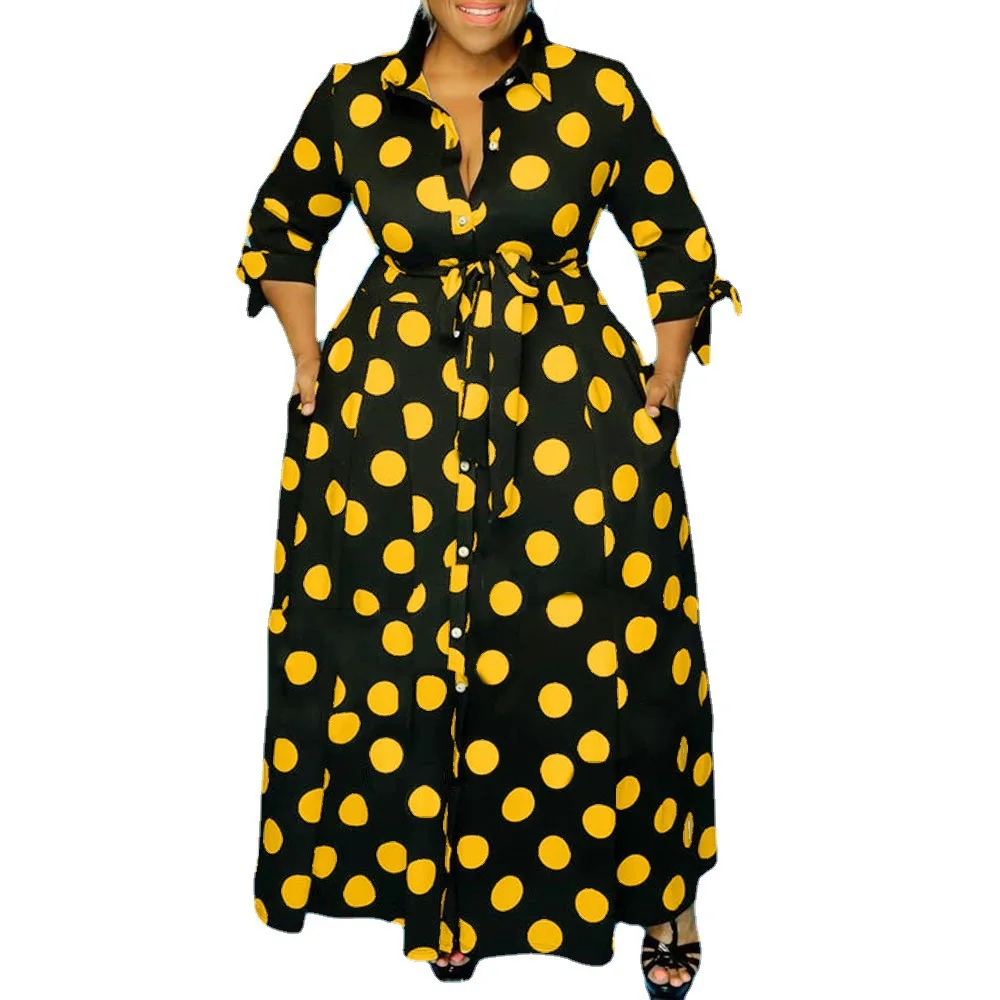 Wmstar Plus Size Women\'s Clothing Dresses Dot Printed with Pockets Slashes Fashion Maxi Dress Hot Sale Wholesale Dropshipping