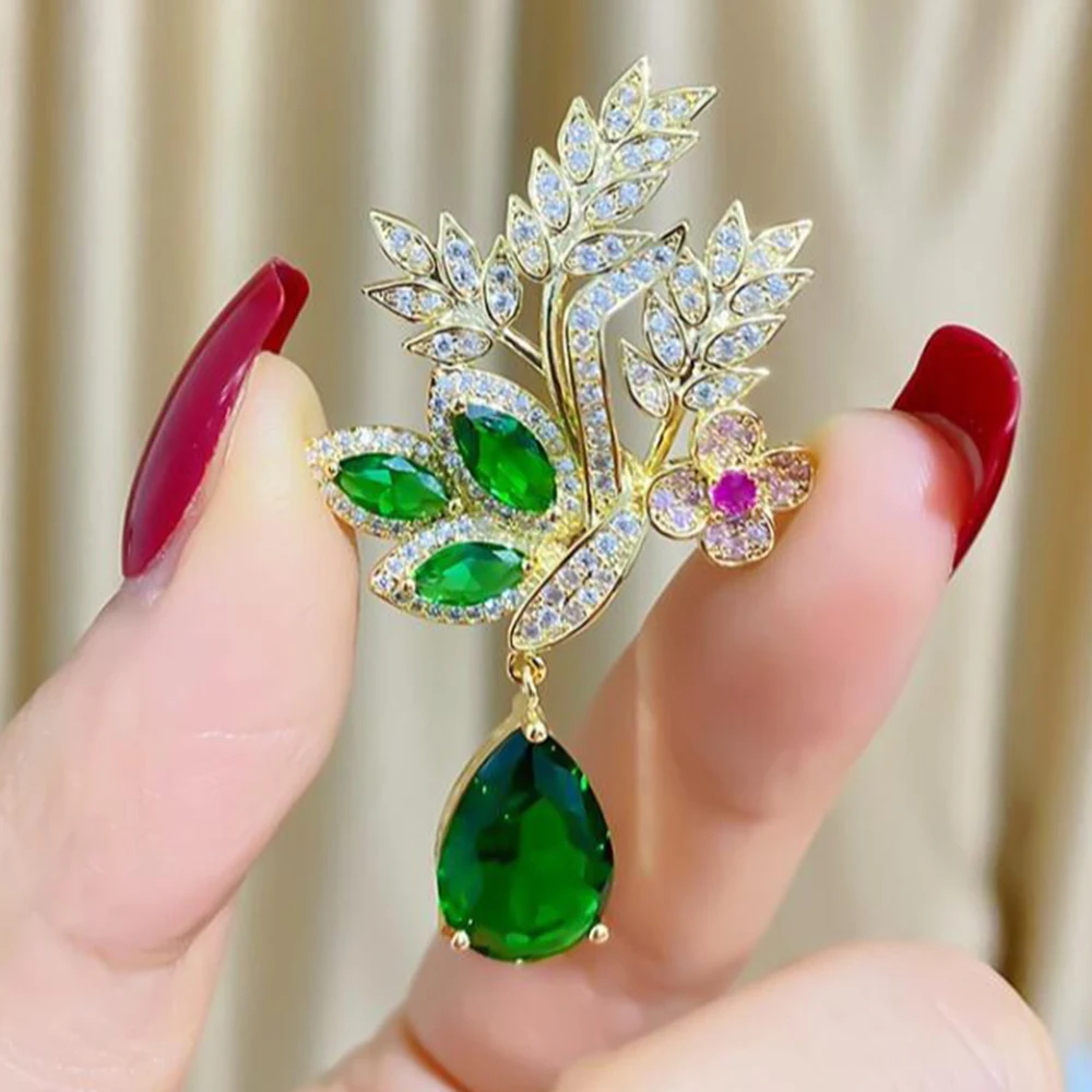 Fashion Green Yellow Leaves Flower Bouquet Wheat Ear Brooch for Women Creative Rhinestone Pin Suit Clothing Jewelry Accessories