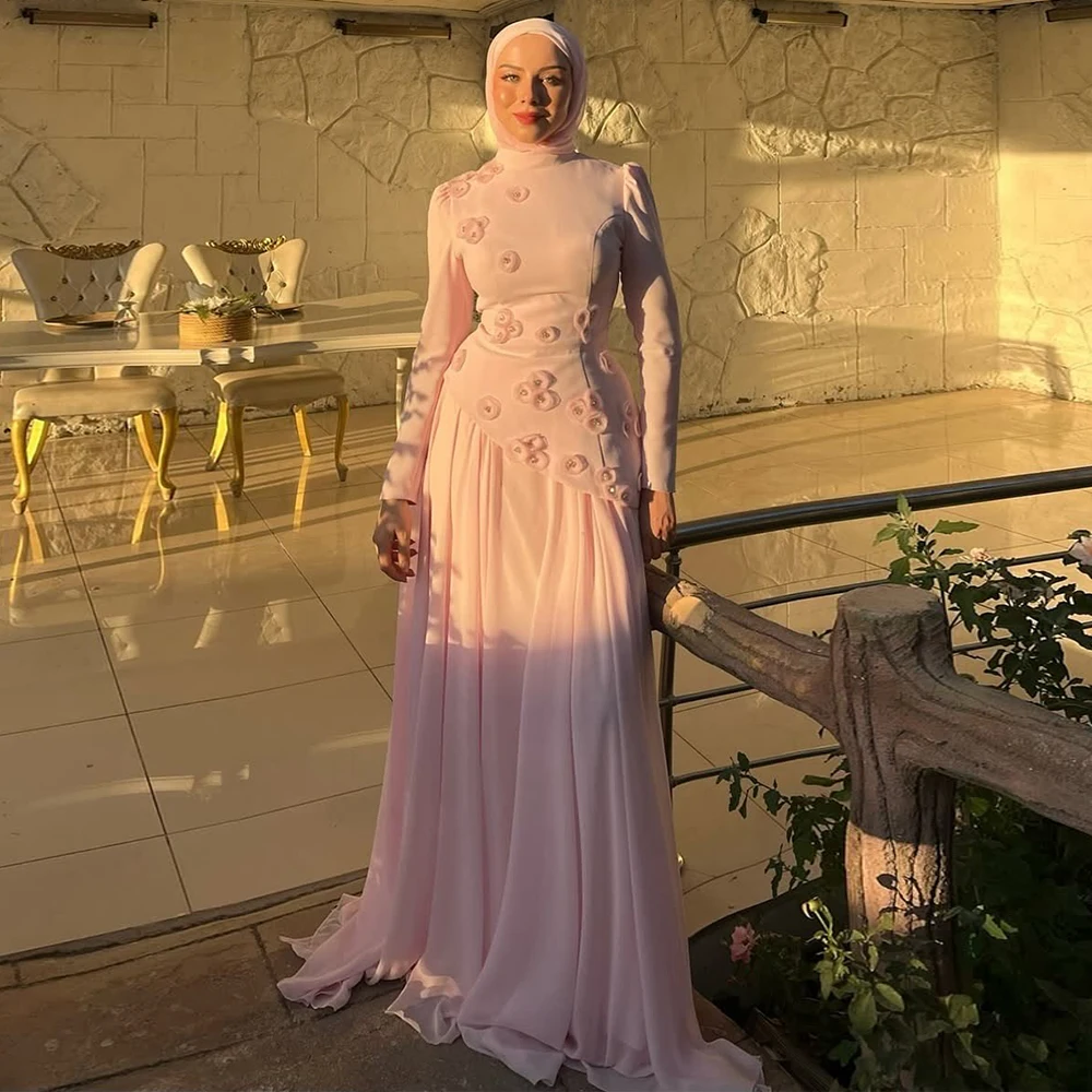 

3D Flowers Pink Evening Dress Chiffon Draped Floor Length Formal Prom Dress Corset Elegant Cocktail Party Gowns Long