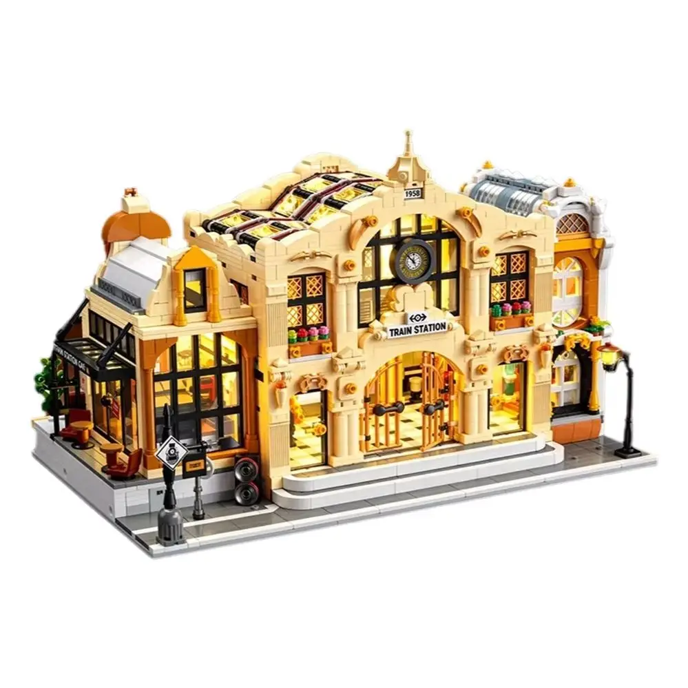 3220pcs Vintage Steam Train Station Street Scene Building Blocks Set High-Difficulty Educational Assembly Children's Model Toy