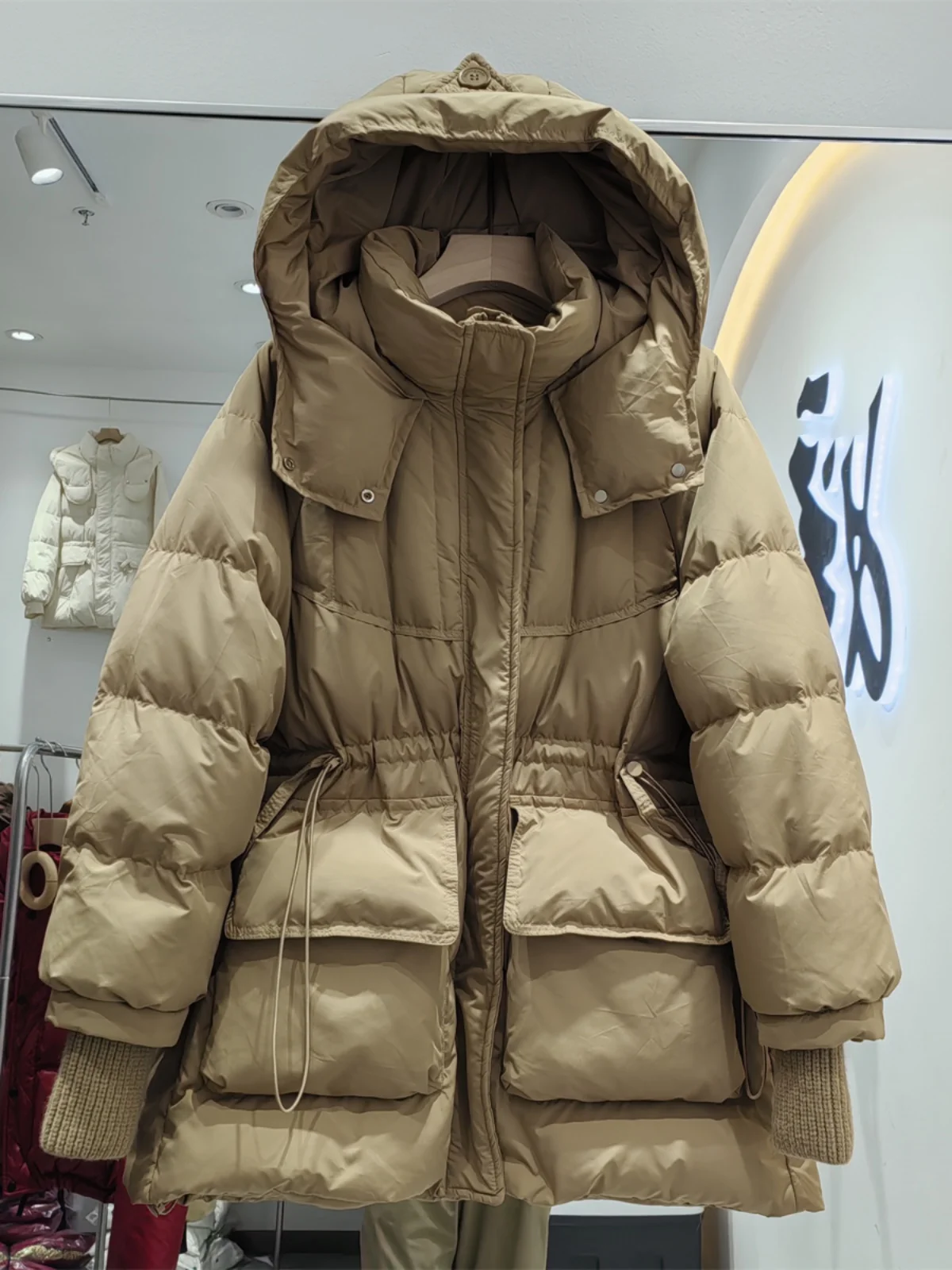 2024 Winter New Female Down Jackets Women\'s Hooded Medium Long Knitted Sleeves Drawstring Waist Thickened White Duck Down Jacket