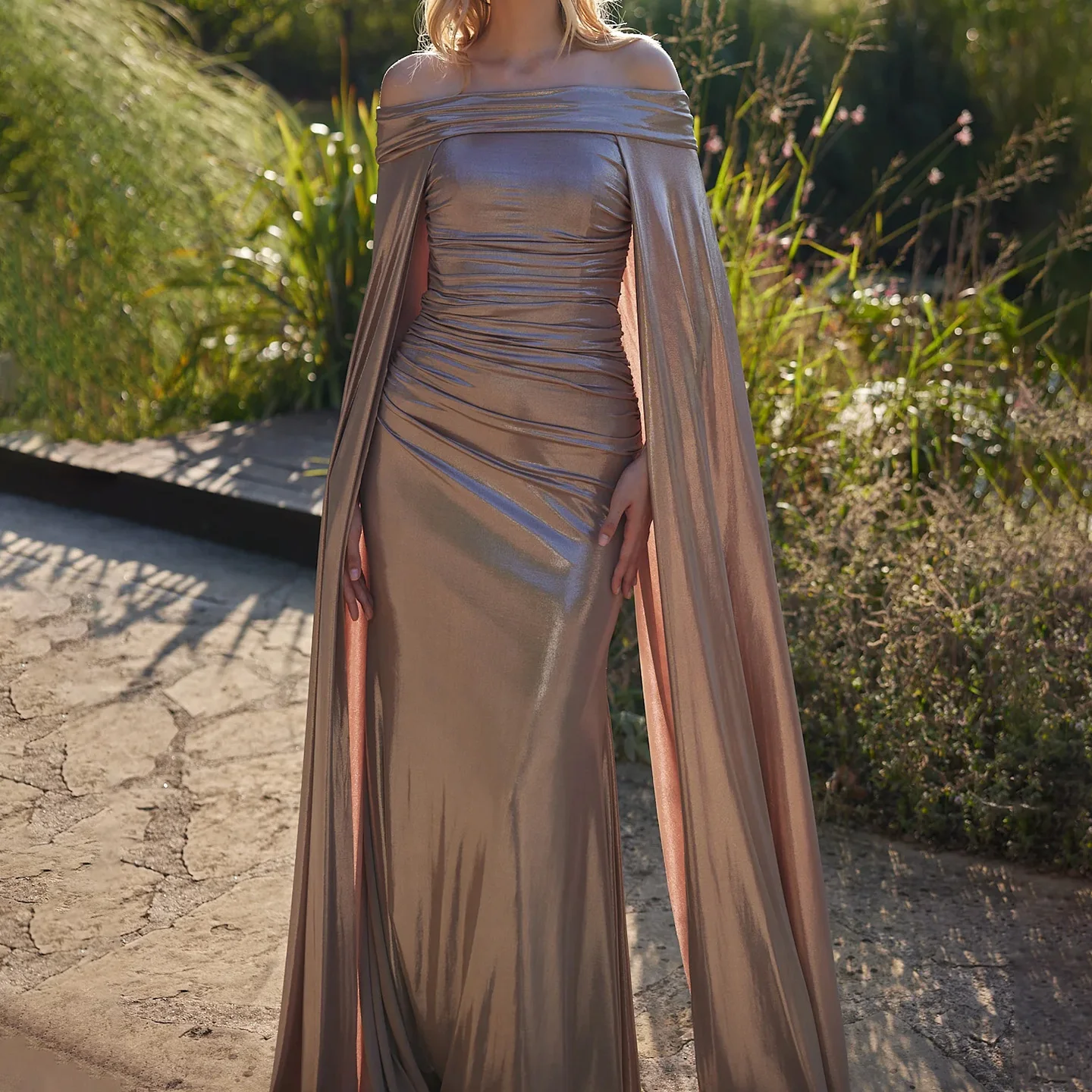 

FOLOBE Fashion Off Shoulder Evening Dress Simple Mermaid Cape Sleeve Elegant Prom Gown for Woman Wedding Party Dress Customized