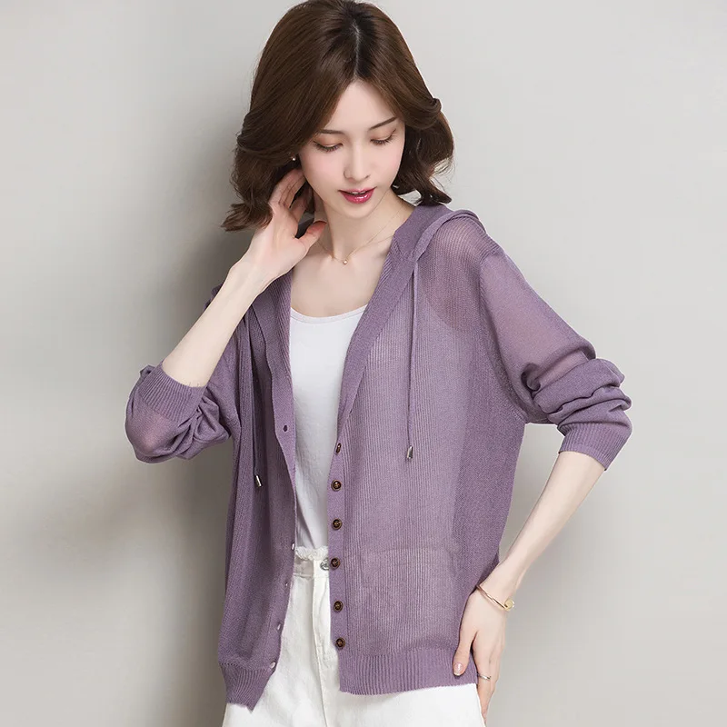 女性用帽子付き軽量カーディガン,長袖,シングルブレスト,ドローストリング,韓国日焼け止め,毎日毎日,夏