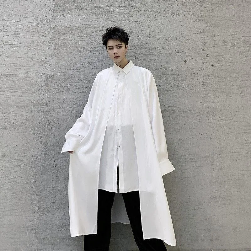 Male Gentlemen Japanese Yamamoto Dark Style Long Blouse Shirts Men Trendy Chic Ins Festival Night Club Asymmetric Senior Coats