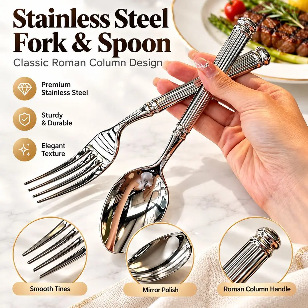 Stainless Steel Cutlery Flatware Set Thickened Roman Column Handle Dinner Spoon Silver Tone Mirror Polished Teaspoon