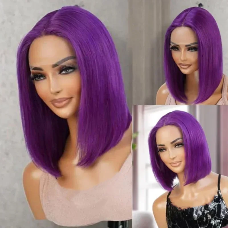 ﻿   パープルショートコスプレ13x4レースフロント人毛ウィッグ生え際加工済み人毛100%高品質女性用人毛ウィッグ